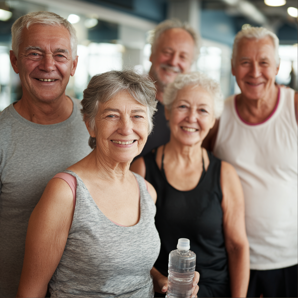 Group of middle-aged and older adults after completing gentle fitness session together