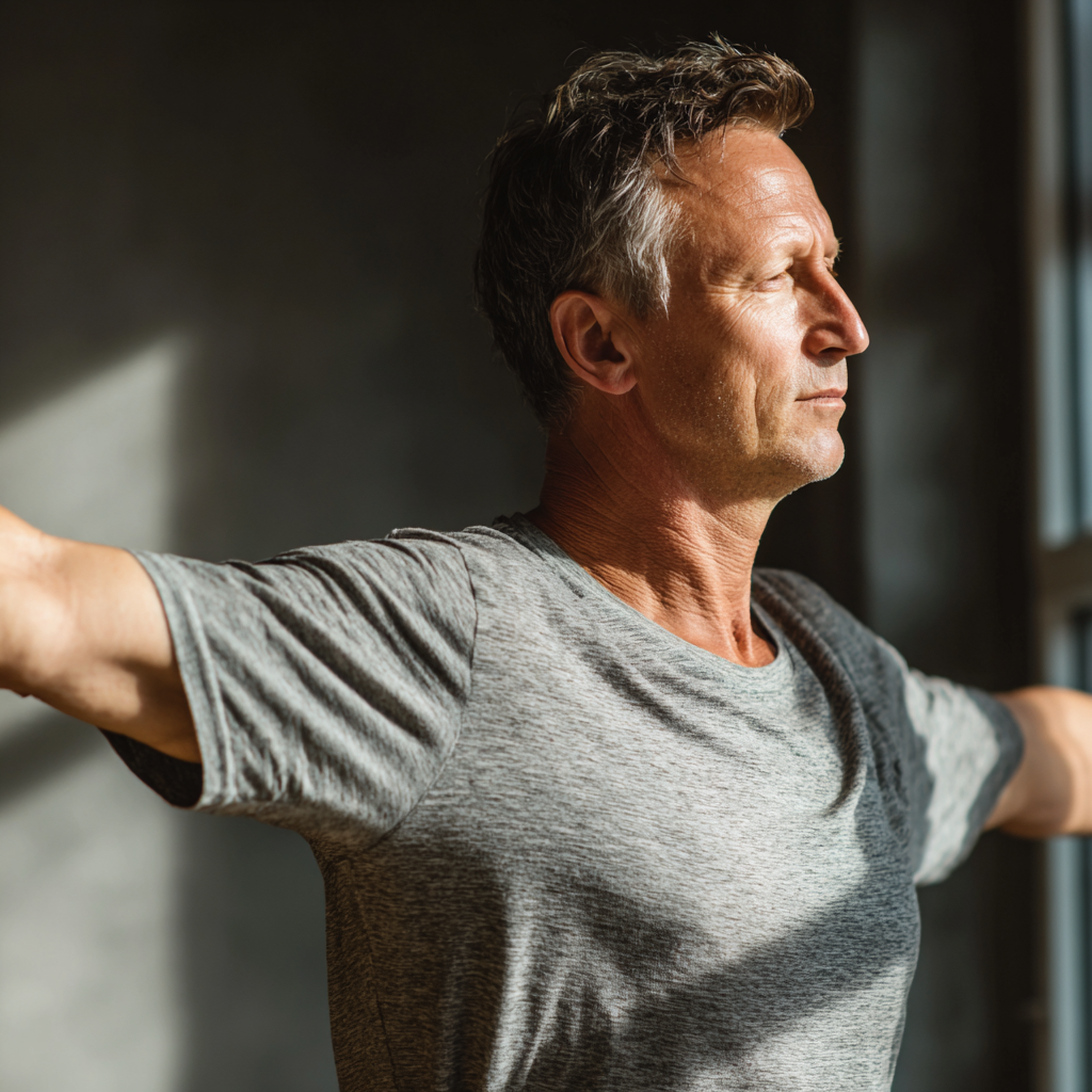 Middle-aged adult practicing gentle movement exercises in natural lighting